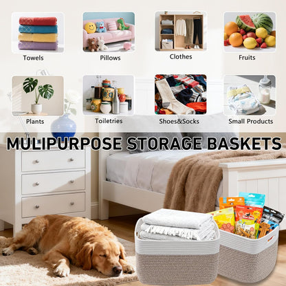 3 Pack Woven Rope Storage Baskets for Shelves,13.5"×11"×9.5" Storage Bins with Handles,Empty Gift Baskets,Nursery Organizer for Toys,Towels,Books,Closet,Living Room,Bedroom (White & Brown)