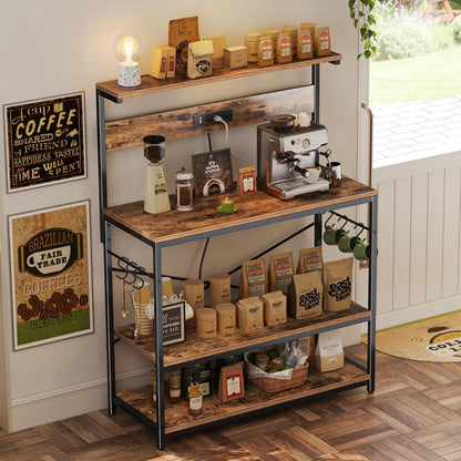 SUPERJARE Kitchen Bakers Rack with Power Outlet, Coffee Bar Table 4 Tiers, Kitchen Microwave Stand with 6 S-shaped Hooks, Storage Shelf Rack for Spices, Pots and Pans - Rustic Brown