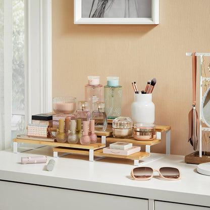 SONGMICS Display Risers, Set of 2 Engineered Wood Perfume Organizer Stand, 4-Tier Cupcake Stand Holder, Spice Rack, Shelf Risers for Figures, Dessert Shelves, Natural Beige and Cloud White UKCS216N02