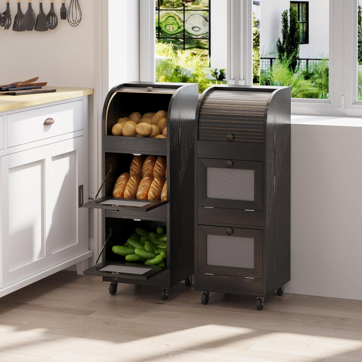 Movable Potato and Onion Storage Box with Wheels,Wooden Vegetable Storage Box,Food Storage Room with Grocery Area,Sliding Design,Modern Farmhouse Style，Suitable for Kitchen (potato bin-Walnut-02)