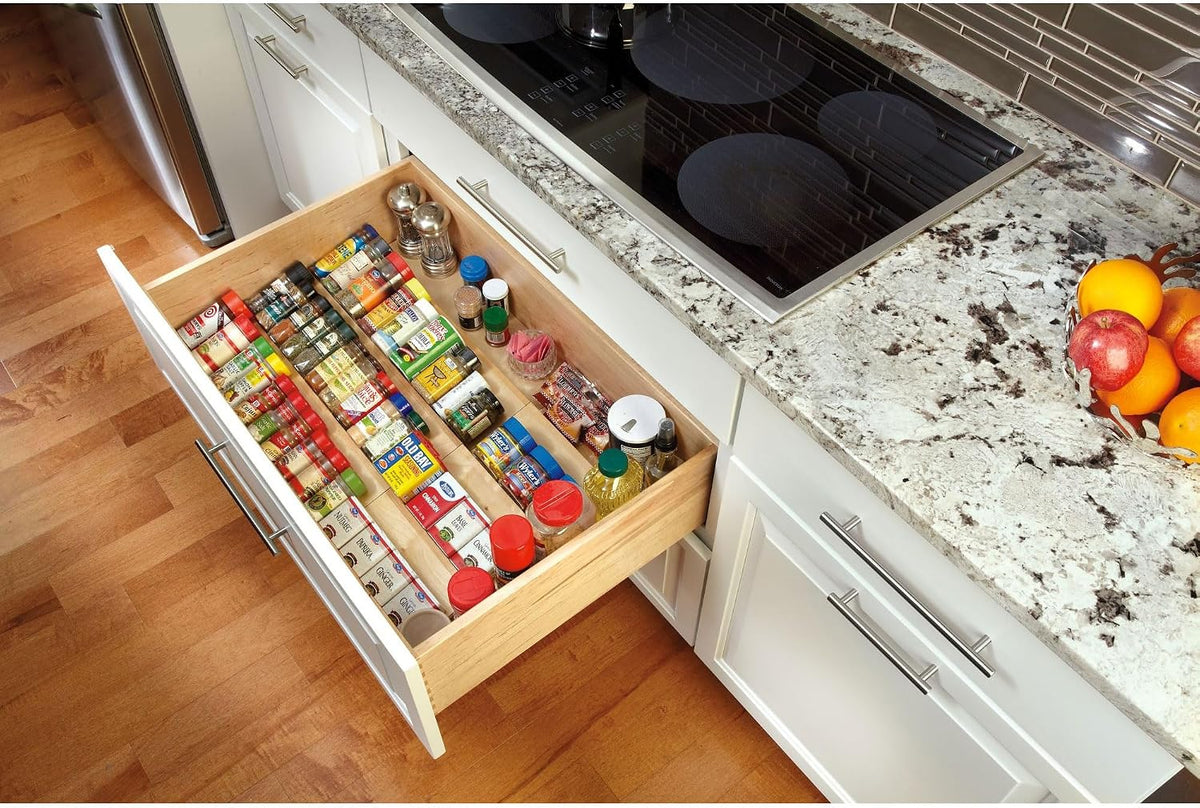Rev-A-Shelf 36" 3 Tiered Seasoning Organizer, Trim-to-Custom-Fit Wooden Kitchen Draw and Cabinet Home Storage Insert, Pull Out Spice Rack, Maple, 4SDI-36-1