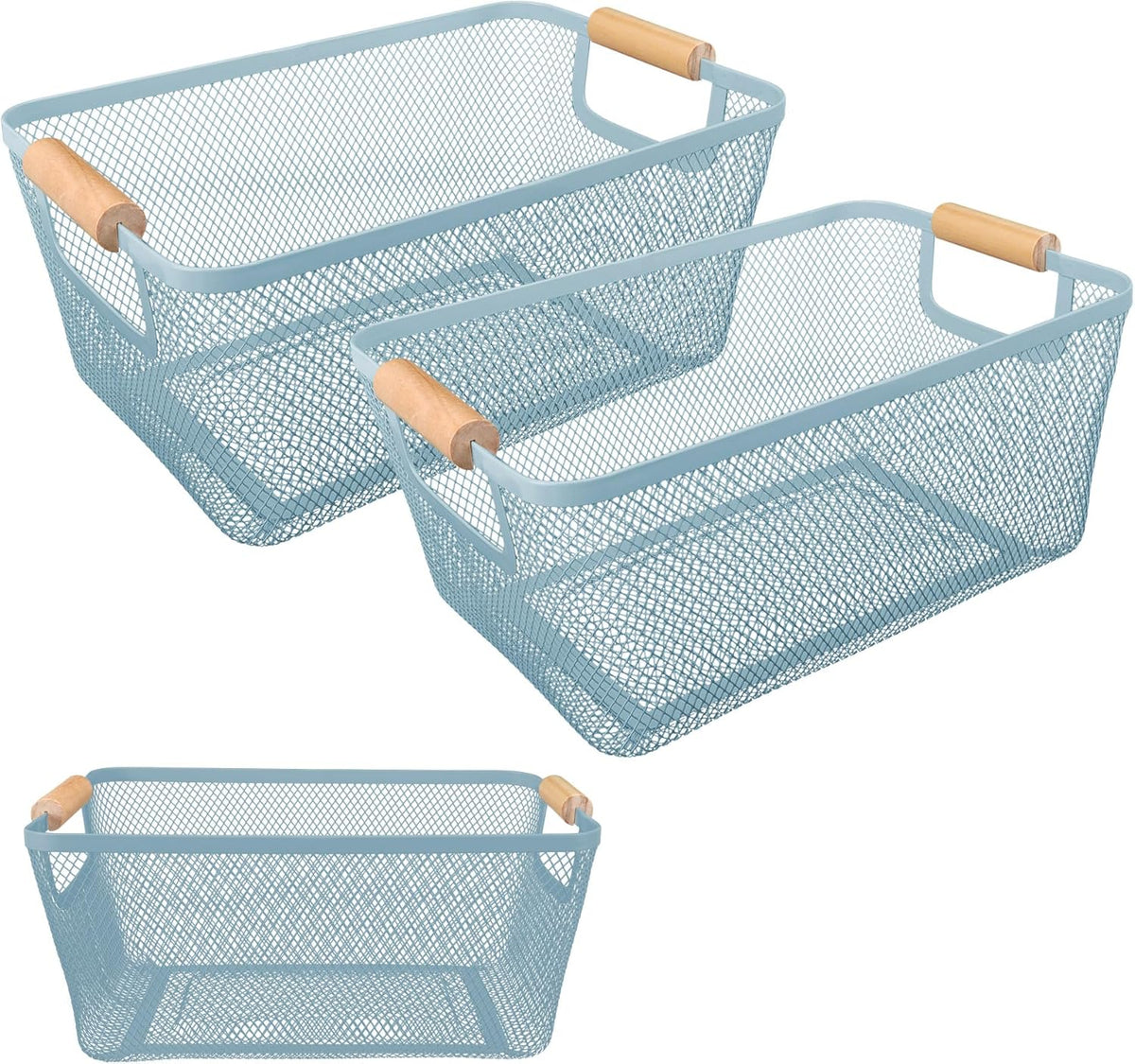 2 Pack 12" Wide Metal Mesh Baskets with Bamboo Handles for Pantry Organization | Wire Storage Bins for Kitchen, Cabinet, Fruit & Snacks | Decorative Farmhouse Style Organizer