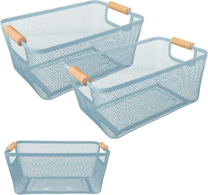 2 Pack 12" Wide Metal Mesh Baskets with Bamboo Handles for Pantry Organization | Wire Storage Bins for Kitchen, Cabinet, Fruit & Snacks | Decorative Farmhouse Style Organizer