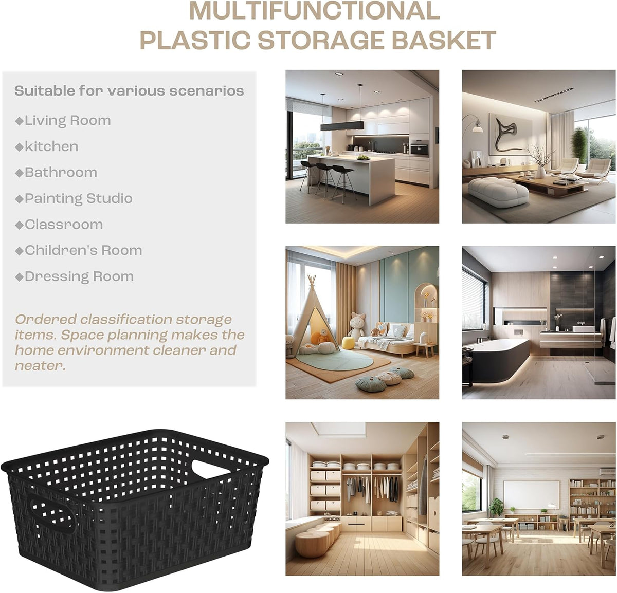Khaki Stackable Storage Baskets, Plastic Weave Basket Organizer and Storage Set of 12, Pantry Organizing Baskets for Shelves, Kitchens, Bathrooms, Classrooms, Cabinets and Bedrooms