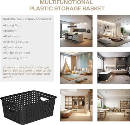 Khaki Stackable Storage Baskets, Plastic Weave Basket Organizer and Storage Set of 12, Pantry Organizing Baskets for Shelves, Kitchens, Bathrooms, Classrooms, Cabinets and Bedrooms