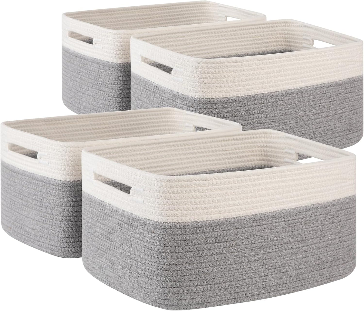 4 Pack Storage Baskets for Organizing, Woven Baskets for Shelves - Perfect for Toys, Books, Towels, and Clothes, Durable Gift Basket Bins Toy Storage, 12.7''Lx9''Wx7.8''H, Brown & White