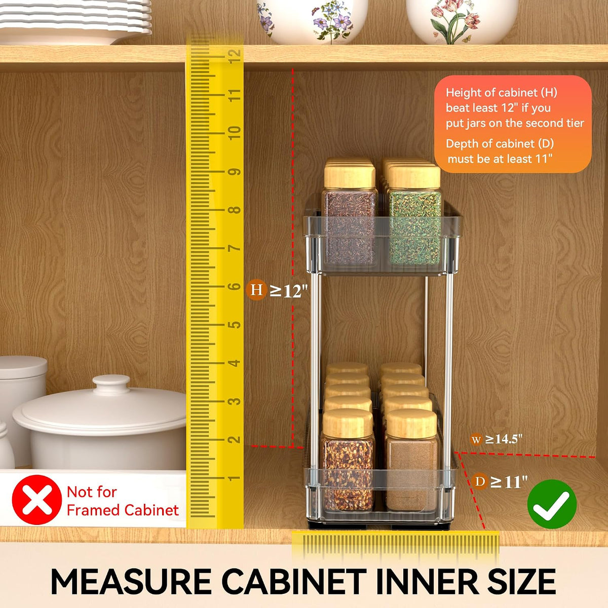 Pull Out Spice Rack Organizer for Cabinet, Slide Out Spice Racks Organizer, Spice Cabinet Organizers, Cabinet Size Need:12'' Highx11'' Deepx5'' Wide,Hold 10 Spice Jar Each Tier-2Tier, Black