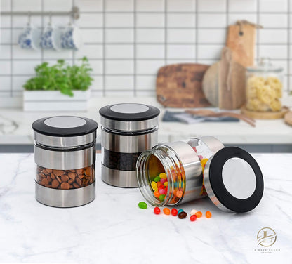 Le'raze Quality Stainless Steel Canister Set of 3 for Kitchen Counter with Glass Window & Airtight Lid - Food Storage Containers with Lids Airtight - Pantry Storage and Organization Set