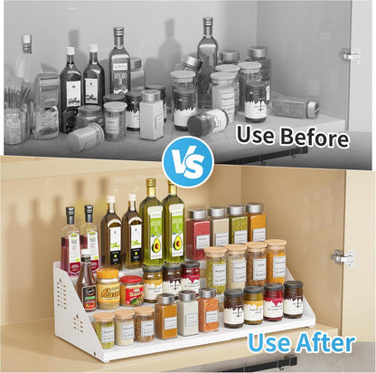 BOIVSHI Spice Rack, Spice Organization for Cabinet - Expandable Width, 3 Tiered Spice Rack Organizer for Cabinet - Adjustable Height, Seasoning Organizer for Cabinet, Countertop, Pantry, White