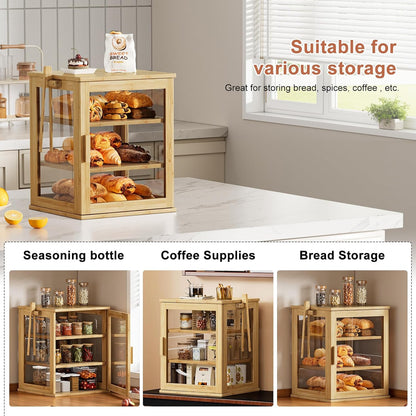 WOWLIVE Black Bread Box for Kitchen Countertop, Large 3 Layers Bread Storage Container for Homemade Bread with Window, Farmhouse Breadbox Organizer for Kitchen, Cabinet, Pantry (Black, Meduim)