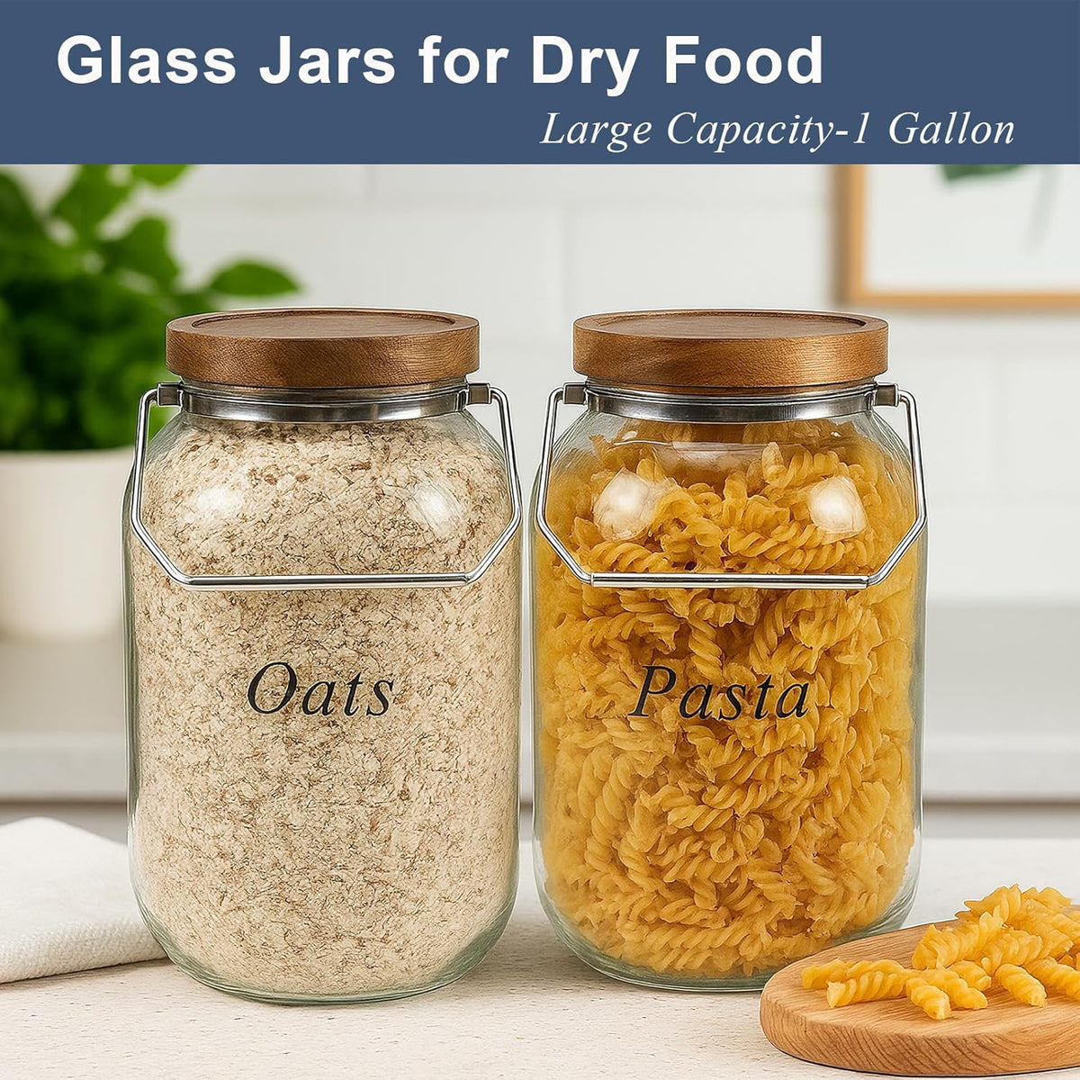 2 Pack Glass Flour Sugar Storage Containers with Handle, 1 Gallon Glass Jars with Airtight Lid, Wide Mouth Large Mason Jars 128oz for Rice, Pasta, Oats, Coffee Storage