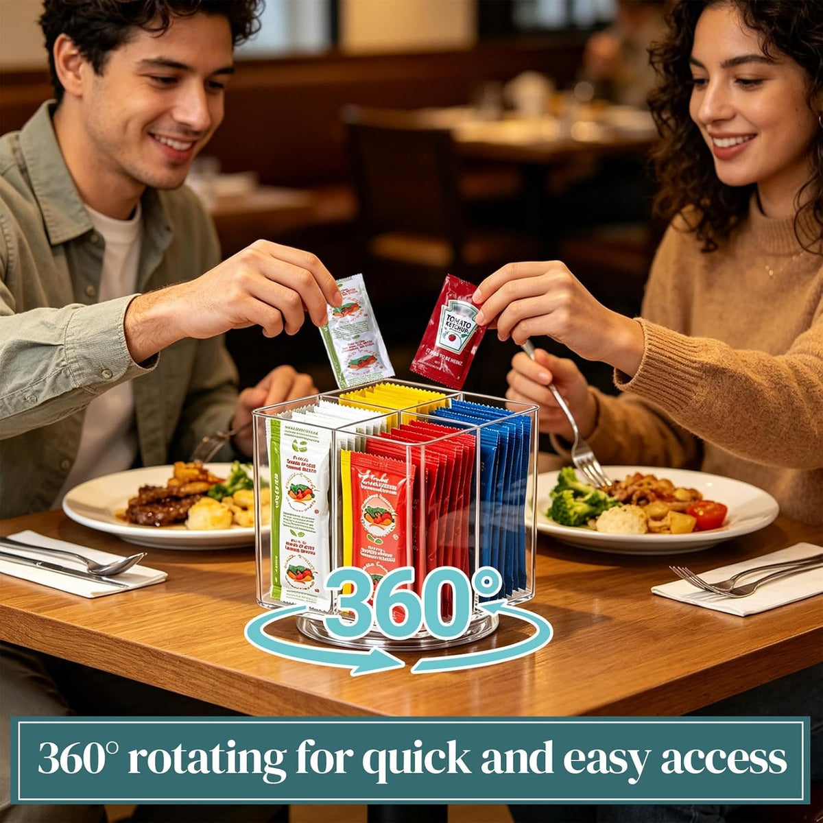 Sauce Packet Organizer with 360° Turntable, Clear Plastic Condiment Packet Holder with Dividers,Organizer and Storage for Ketchup Packets,Mayo Packets,Hot Sauce,Seasoning,Drink Packet,Square