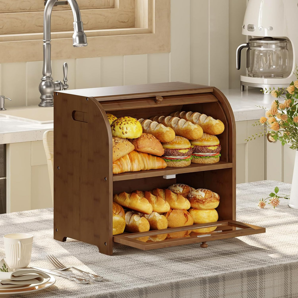 HOOBRO Bread Box, Bamboo Bread Box for Kitchen Countertop, 2 Tier Roll-Top Bread Bin, Food Storage Box, Large Capacity Keeper, Wooden Storage Cabinet, for Kitchen, Dining Room, Natural YL13MB01