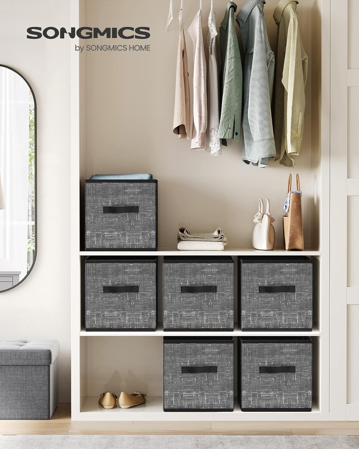 SONGMICS Storage Cubes, 11-Inch Non-Woven Fabric Bins with Double Handles, Set of 6, Closet Organizers for Shelves, Foldable, for Clothes, Cattail Gray UROB26LG