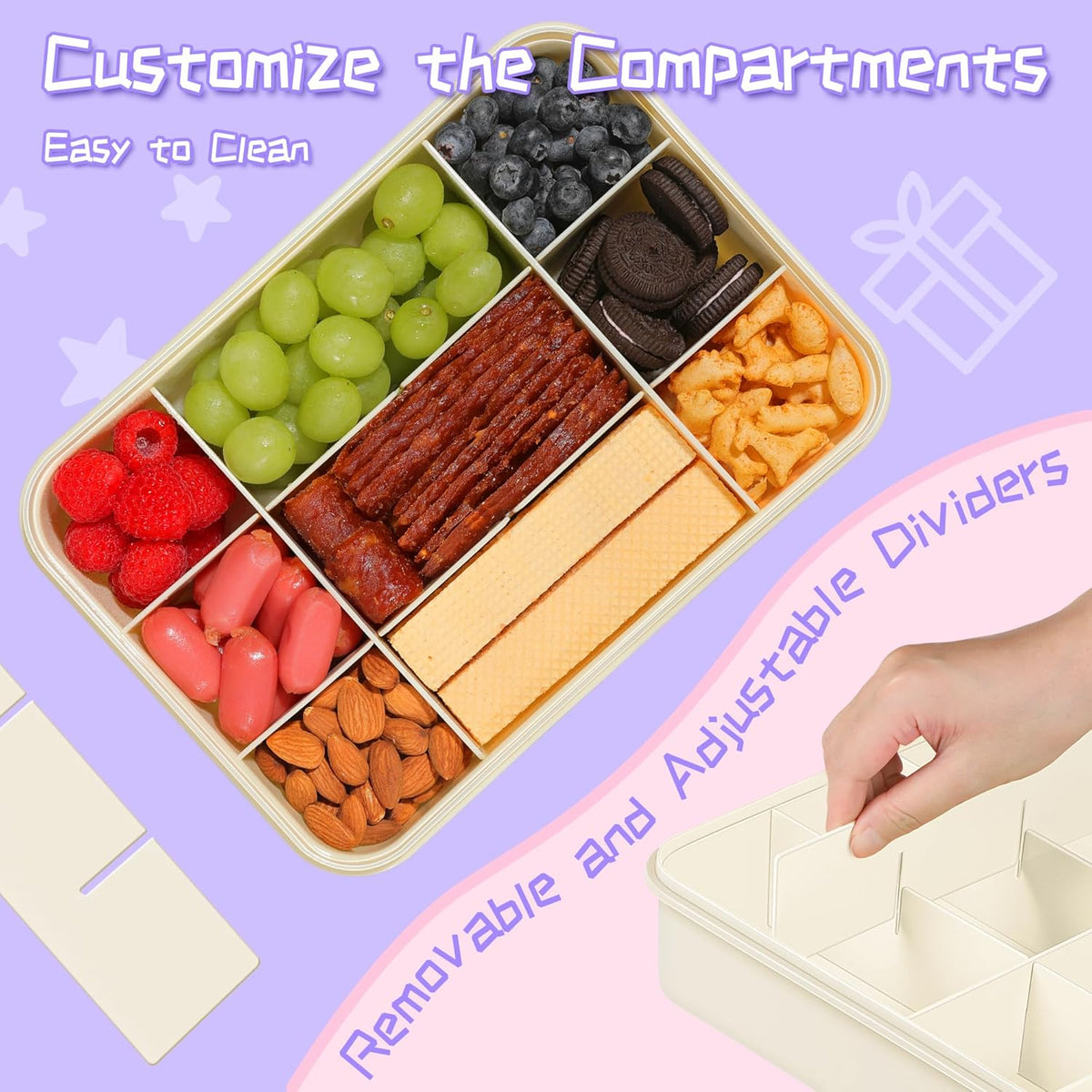 Xyptorix Snack Box Container for Kids - Adjustable 12-Compartment Snack Containers, Reusable Bento Box, Dishwasher Safe, BPA-Free, Perfect for School, Travel, Camping & Picnic, Ivory White