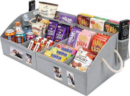VAESIDA Large Snack Organizer for Countertop, Foldable Storage Basket with 8 Adjustable Compartments & Handles, 28'' Snack Containers Box for Pantry, Snack Bar Station & Movie Night Supplies
