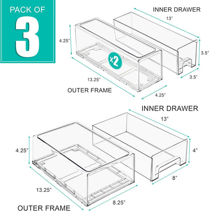 Sorbus Fridge Drawers - Clear Stackable Pull Out Refrigerator Organizer Bins - Food Storage Containers for Kitchen, Freezer, Vanity & Fridge (3 Pack | 1 Medium, 2 Small Stackable Drawer Bins)