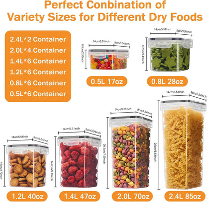 Airtight Food Storage Containers with Lids, BPA Free Clear Plastic Kitchen and Pantry Organization and Storage Set for Flour, Sugar, Cereal, Pasta, Includes 7 Labels and Marker
