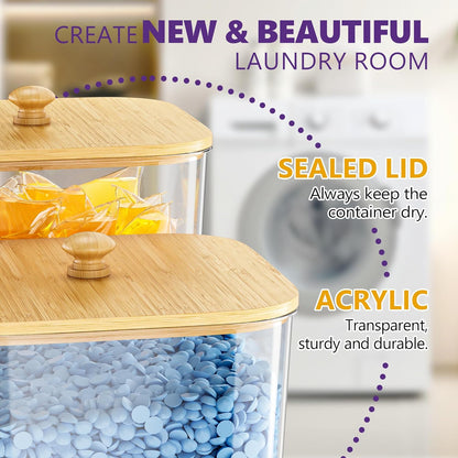 4 Pack Laundry Pods Container, Clear Laundry Room Organization Containers Essentials, Large Detergent Powder Storage Containers Black Wooden Lids & Labels Signs, Home Acrylic Laundry Pods Holder