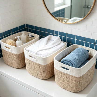 3 Pack Woven Rope Storage Baskets for Shelves,13.5"×11"×9.5" Storage Bins with Handles,Empty Gift Baskets,Nursery Organizer for Toys,Towels,Books,Closet,Living Room,Bedroom (White & Brown)