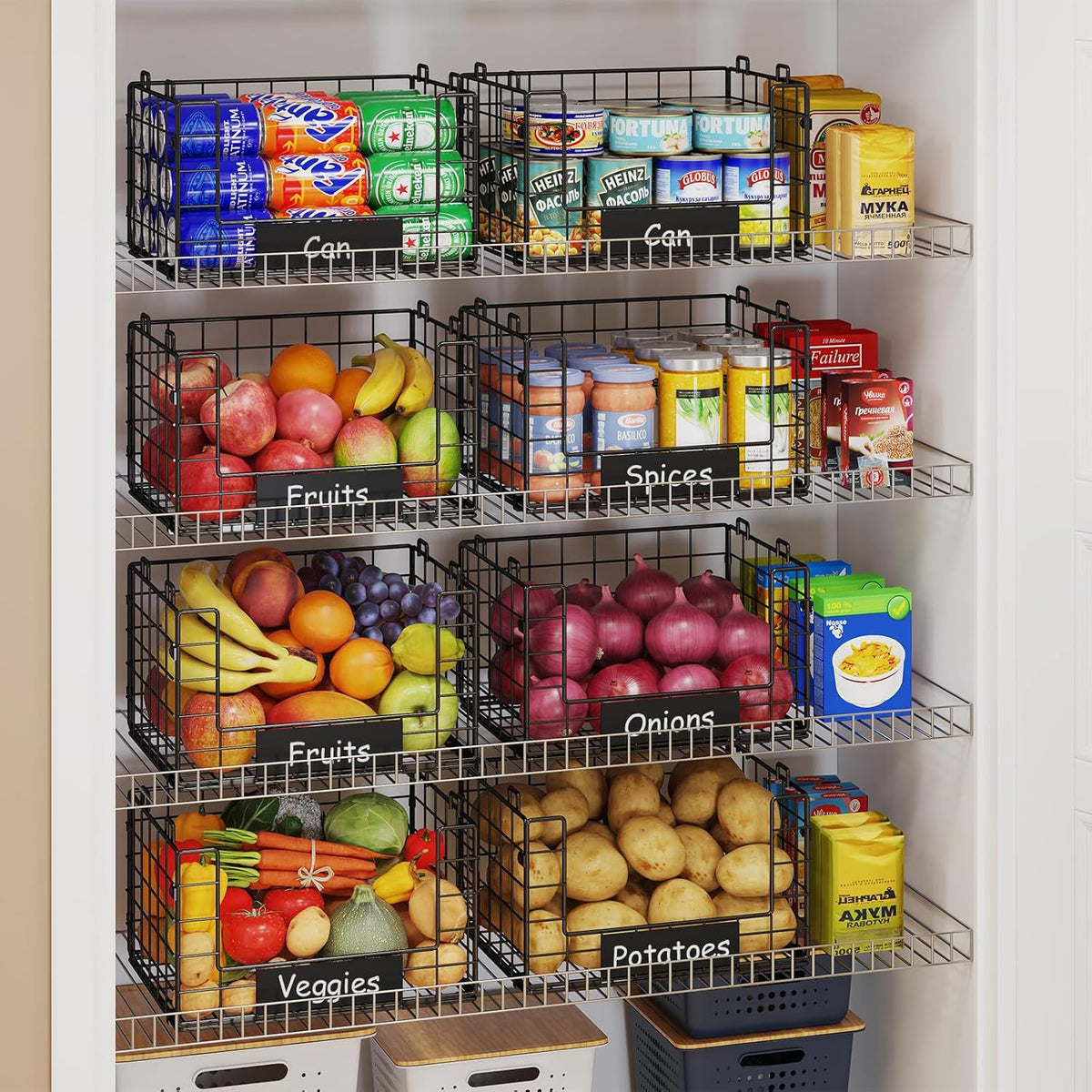 JKsmart 4 Pack XXL Stackable Wire Baskets with Handles for Pantry Storage and Organization,Fruit and Vegetable Basket with Name Plates,Metal Storage Bins for Snack Can Fruit Veggies