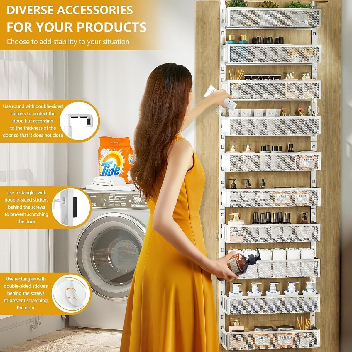 6-Tier Over The Door Pantry Organizer with Mesh Baskets, Adjustable & Stable Hanging Spice Rack for Kitchen, Bathroom, Bedroom, and Baby Essentials Storage