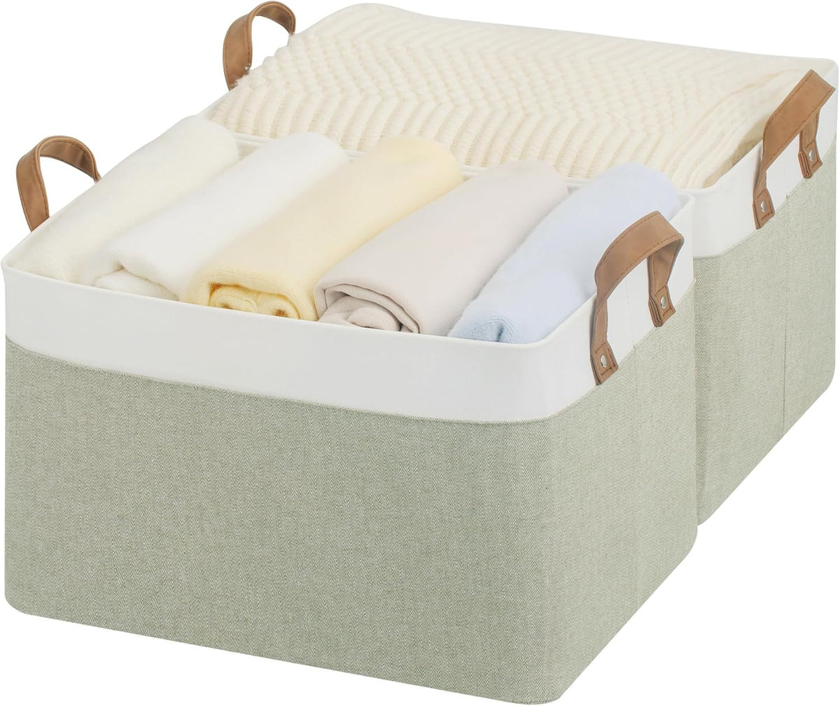 StorageWorks Storage Bins, Shelves Baskets for Organizing, Fabric Closet Organizers with Handles, Metal Frame, Beige-Cotton-linen, 2-Pack