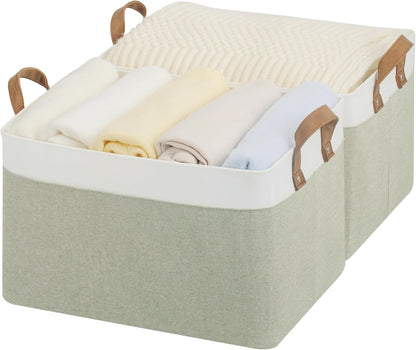 StorageWorks Storage Bins, Shelves Baskets for Organizing, Fabric Closet Organizers with Handles, Metal Frame, Beige-Cotton-linen, 2-Pack