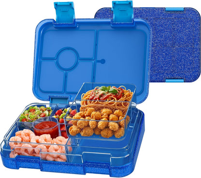 Bento Lunch Box for Kids, 6 Compartments BPA Free, Dishwasher Safe Back to School Snack Bento Lunch Containers Boxes, Ideal Portion Sizes for On-the-Go Meal, Ages 3+, School, Green Patterned