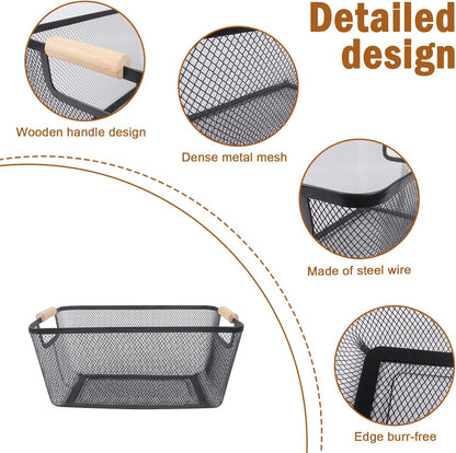 Potato and Onion Storage Bin, 2 Set Potato Bin Storage and Onion Container with Wooden Handle, Pantry Kitchen Organization and Storage, Metal Mesh Baskets for Fruit, Vegetable, Produce-Black