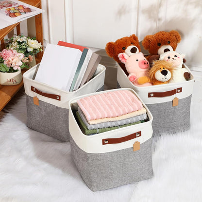 Uiifan 10 Pcs Collapsible Storage Bins Fabric Foldable Storage Basket with Handles Cloth Organizer Linen Shelf Baskets for Shelves Home Closet Nursery Toys(16 x 12 x 10 Inch,Gray and White)