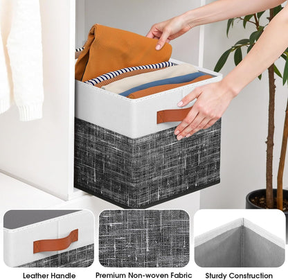 Fab totes Collapsible Storage Baskets for Shelves,14"x10", Foldable Fabric Storage Bins with Double Leather Handles, Large Baskets for Organizing Books, Clothes, White & Grey