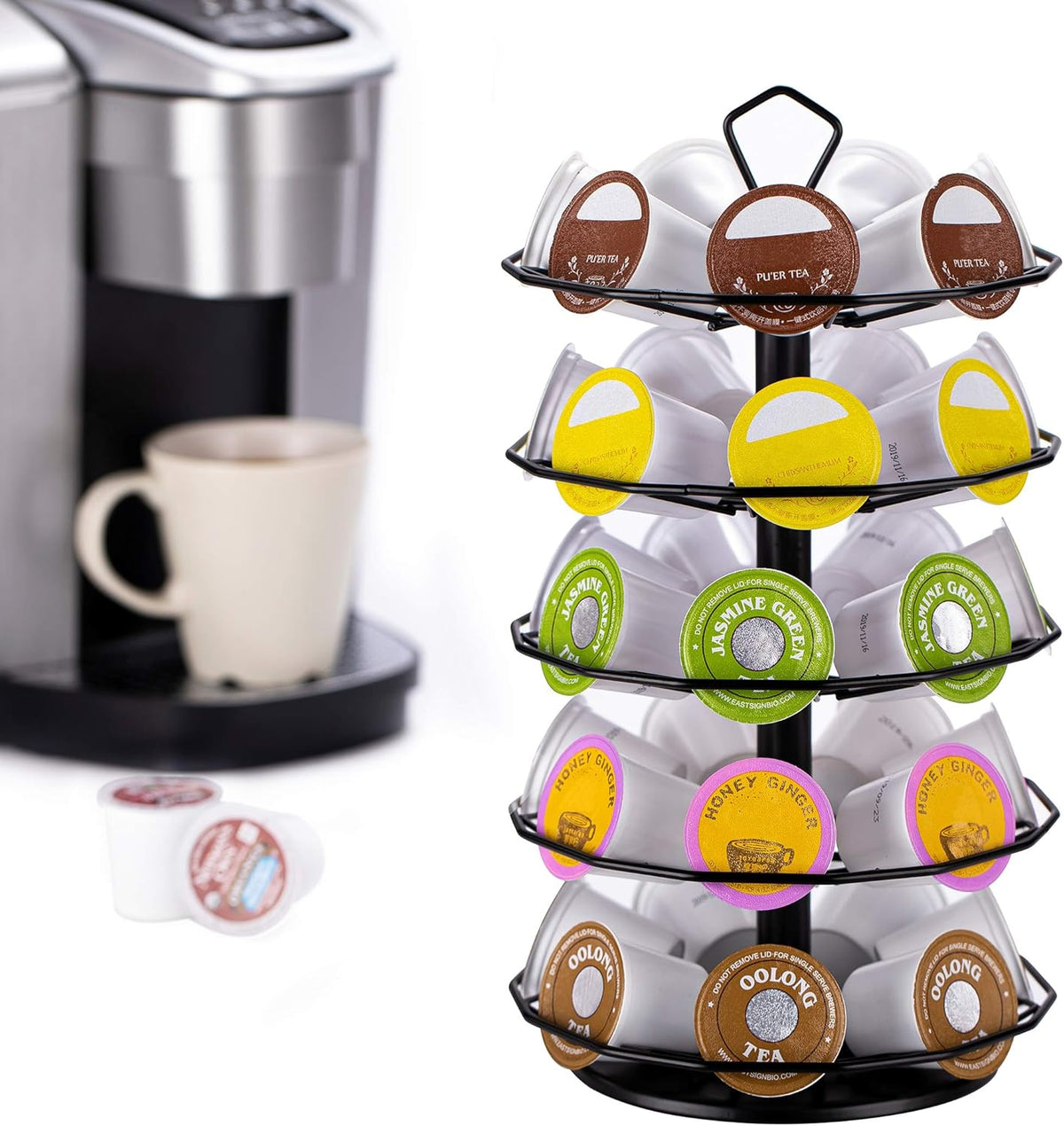 FlagShip K cup Holder Carousel 3 Tier for Keurig Pod Holder Metal DIY Install Small for K-cup Storage Stand 21 K Pod Storage