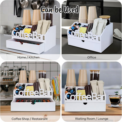 Coffee Bar Organizer for Countertop – Wooden Coffee Caddy with Compartments for Pods, Sugar Packets, and Accessories – Coffee Condiment Station Storage for Home and Office (Black)