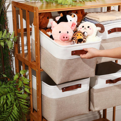 Uiifan 10 Pcs Collapsible Storage Bins Fabric Foldable Storage Basket with Handles Cloth Organizer Linen Shelf Baskets for Shelves Home Closet Nursery Toys(16 x 12 x 10 Inch,Gray and White)