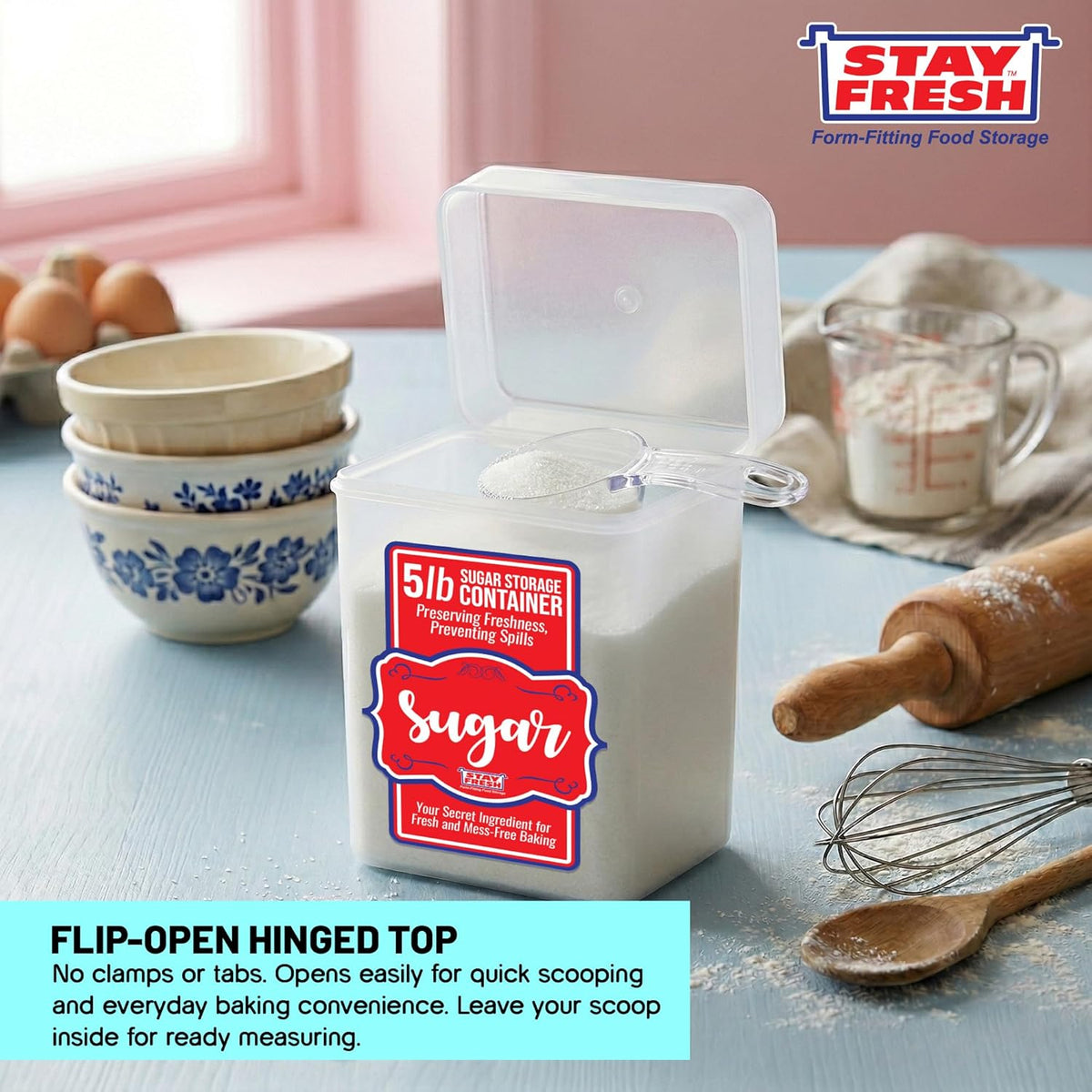 Stay Fresh Clear Storage Container - BPA Free Plastic Canister for Kitchen Pantry, Baking Needs - Holds 5LB Bag - Large Form-Fitting Food Keeper Bin - Food Holder (Flour)