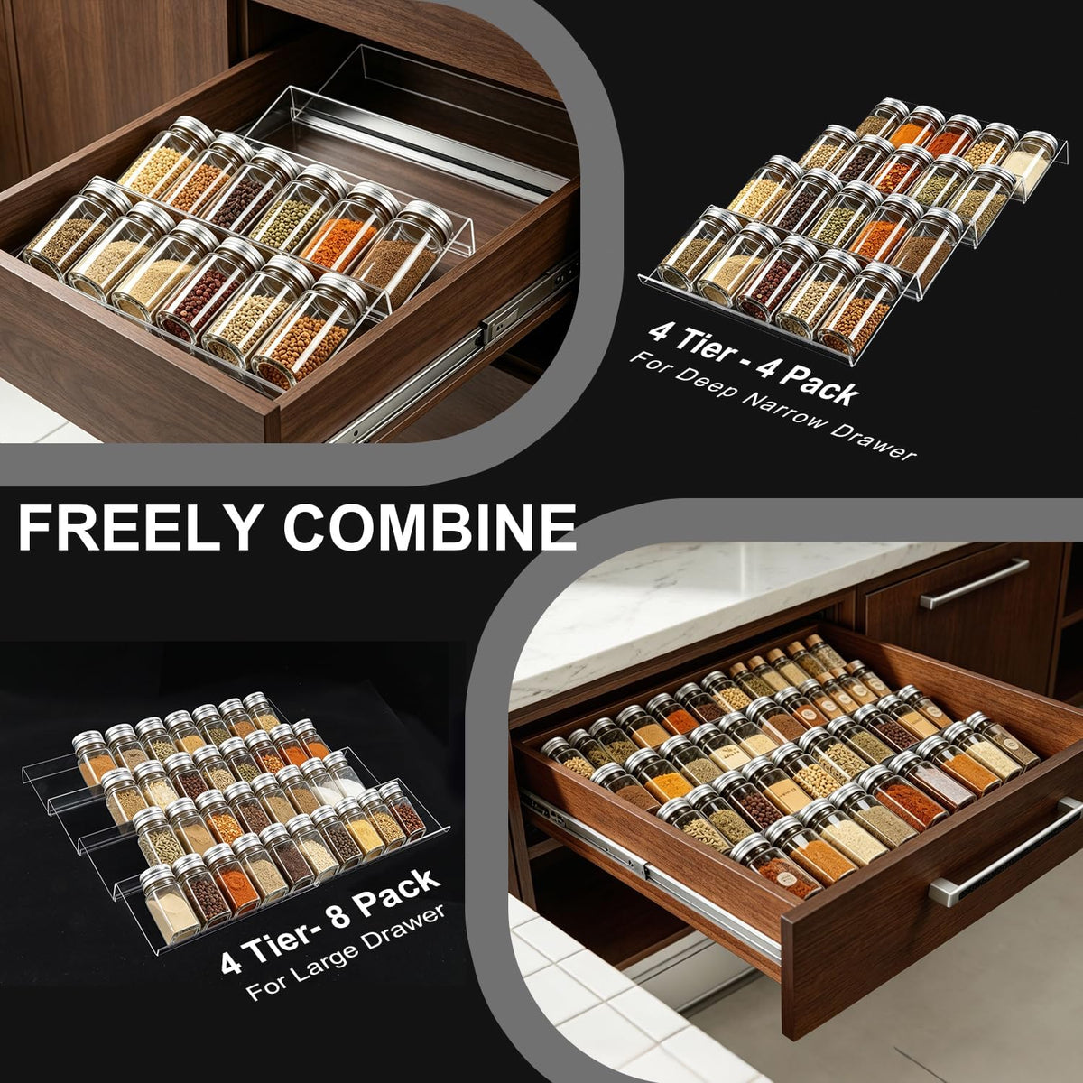 Expandable Acrylic Spice Drawer Organizer – 4-Tier Clear Seasoning Rack Insert for Kitchen Drawers, Adjustable from 9" to 18", Fits Most Spice Jars (Jars Not Included)