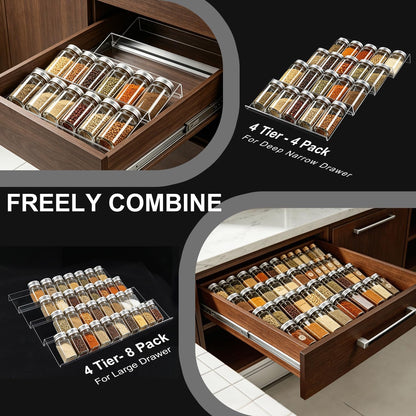 Expandable Acrylic Spice Drawer Organizer – 4-Tier Clear Seasoning Rack Insert for Kitchen Drawers, Adjustable from 9" to 18", Fits Most Spice Jars (Jars Not Included)