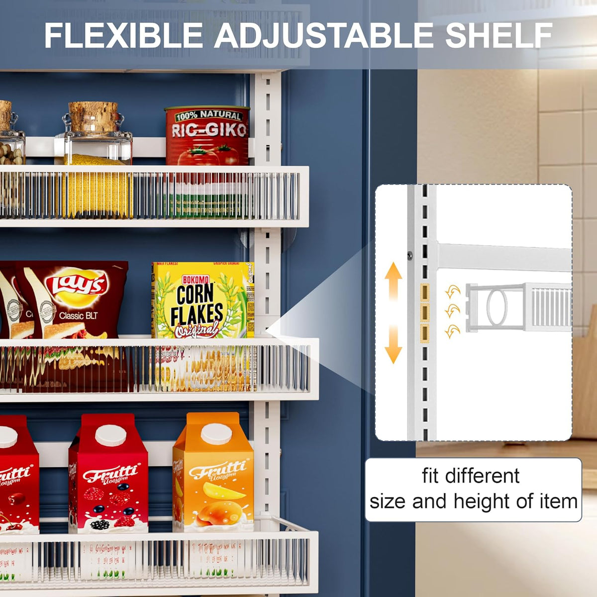 Over the Door Pantry Organizer 8 Tier Hanging Door or Wall Mounted Spice Rack with Adjustable Acylic Basket,Heavy Duty Metal Seasoning Storage Shelf for Kitchen Pantry and Bathroom