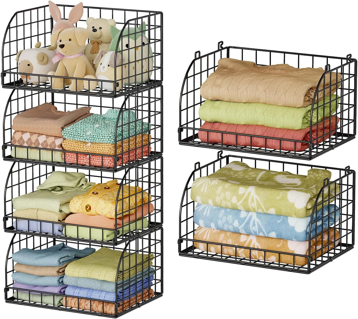 Lyuwanxian 4-Pack Stackable Wire Baskets for Closet Organizers and Storage, Open Storage Bins for Clothes, Toys, and Snacks - Rustic Metal Closet Organizer and Shelves in Black