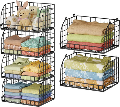 Lyuwanxian 4-Pack Stackable Wire Baskets for Closet Organizers and Storage, Open Storage Bins for Clothes, Toys, and Snacks - Rustic Metal Closet Organizer and Shelves in Black