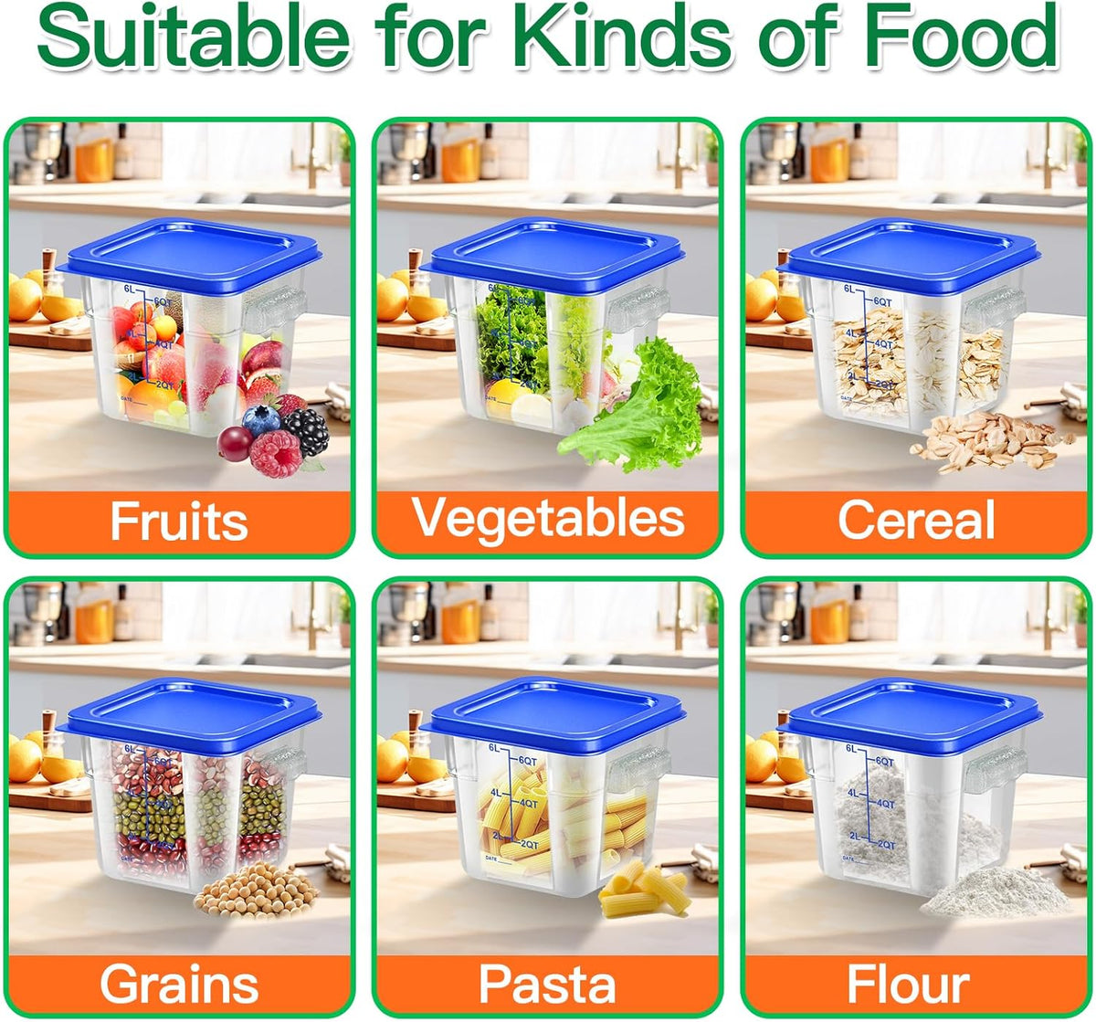 4 pcs 4qt Food Storage Containers with Lid, Square Clear Commercial Food Storage Containers with Handle and Scale for Food Storage in Home Kitchen & Dining (Green)