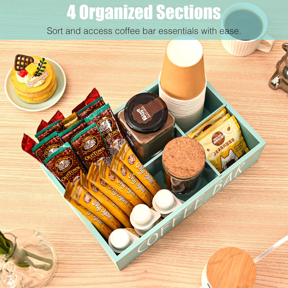 STORAGENIE Wooden Coffee Station Organizer – Removable Dividers, Storage for Coffee Pods, Tea Bags & Accessories, Oasis Blue (11.8" x 7.87" x 3.15")