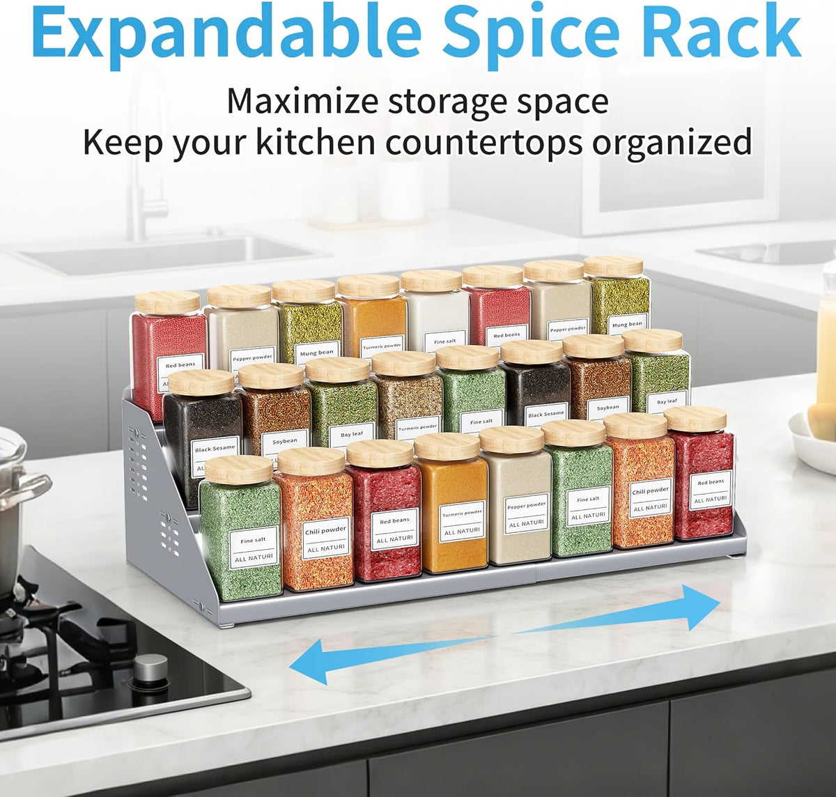 BOIVSHI Spice Rack, Spice Organization for Cabinet - Expandable Width, 3 Tiered Spice Rack Organizer for Cabinet - Adjustable Height, Seasoning Organizer for Cabinet, Countertop, Pantry, White
