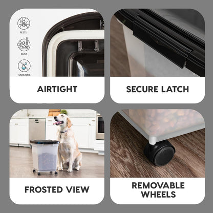 IRIS USA Airtight Dog Food Storage Container, WeatherPro, Up to 50 lbs, Removable Wheels, for Dog Cat Bird and Other Pet Food Storage Bin, Keep Fresh, Translucent Body, Made in USA, Clear/Gray