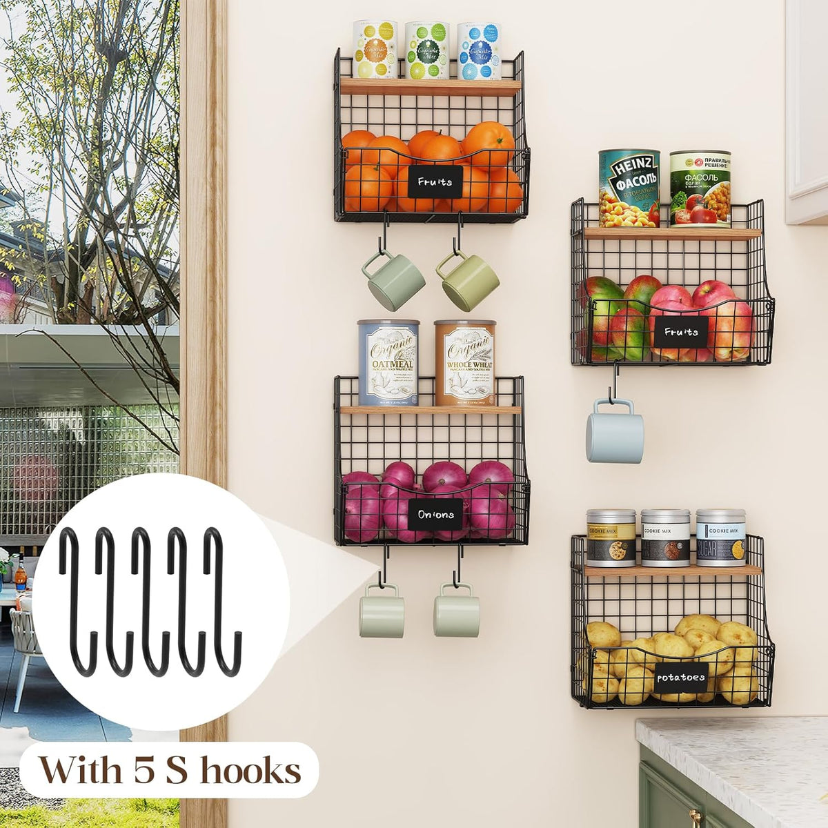 2 Set Stackable Wire Basket with Wooden Tops & Pad for kitchen organizers and storage, XXL Kitchen Counter Organizer for Fruit, Vegetable, Bread, Potato and Onion Storage Bin