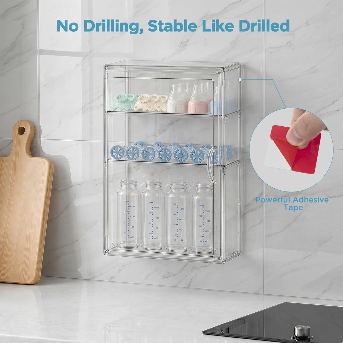 HBlife Baby Bottle Storage Organizer for Countertop Cabinet, 3 Tiers Adjustable Clear Acrylic Bottles Storage Station Case Box Container with 2 Removable Dividers and Magnetic Door, Large