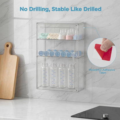 HBlife Baby Bottle Storage Organizer for Countertop Cabinet, 3 Tiers Adjustable Clear Acrylic Bottles Storage Station Case Box Container with 2 Removable Dividers and Magnetic Door, Large