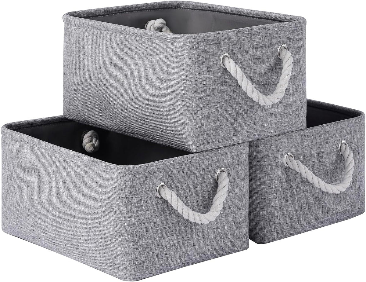 Large Storage Baskets- 15.7x11.8x8.26 inch Storage Bins for Shelves and Closet Organizing, Foldable Fabric Bin for Home Organization Clothes and Laundry (3-Pack, White&Khaki)