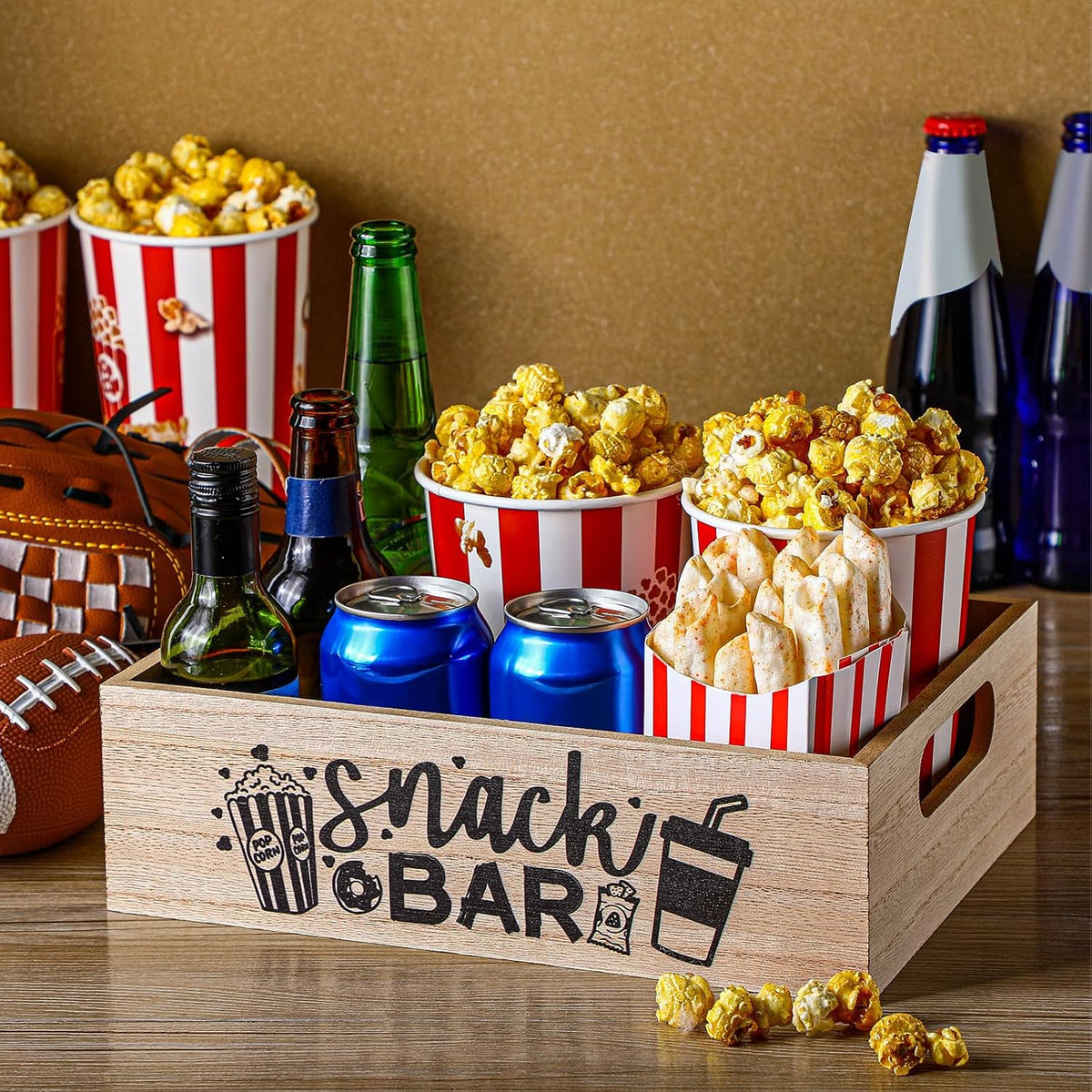 Movie Night Supplies Snack Trays with Handles Reusable Wooden Movie Gift Basket for Theater Popcorn Bucket Bowl Box Container Family Room Decor(Classic Style)